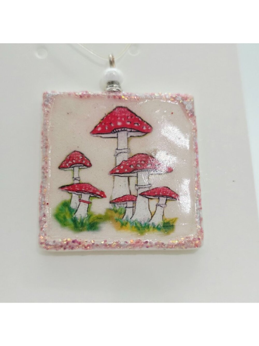 Handmade Mushroom Art Pendant Necklace Glitter Accents & White Bead Detail 1" - Picture 2 of 6